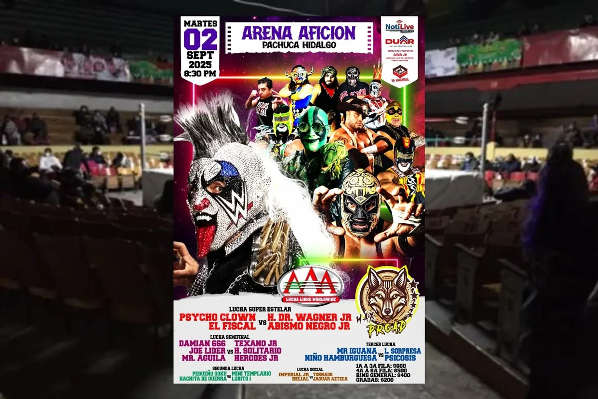 Arena Afición de Pachuca y cartel de función de Triple A