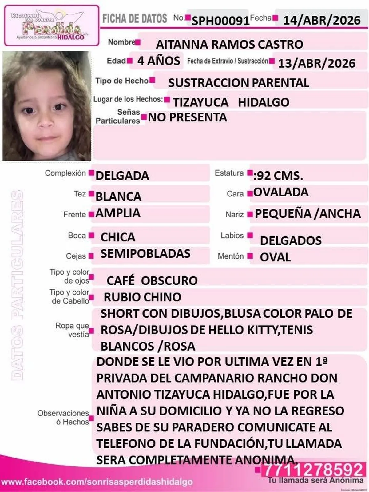 Ficha de búsqueda de niña desaparecida en Tizayuca