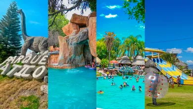 Dinosaurios gigantes, albercas y toboganes reciben a las familias en Valle Paraíso, el balneario temático de Ixmiquilpan.