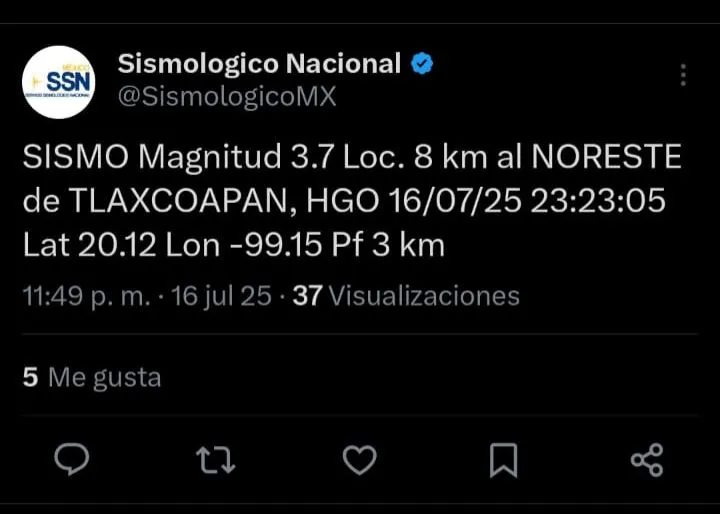 ¿Lo sentiste? Se registra sismo en Tlaxcoapan