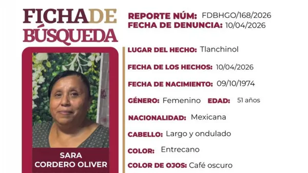 Ficha de búsqueda oficial de Sara Cordero Oliver, emitida por la Procuraduría de Hidalgo tras su desaparición en Tlanchinol.