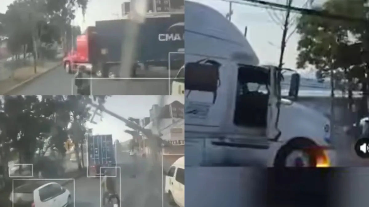 Revelan video del accidente donde un tráiler derriba un poste de luz en Gustavo Baz y provoca cierre vial.