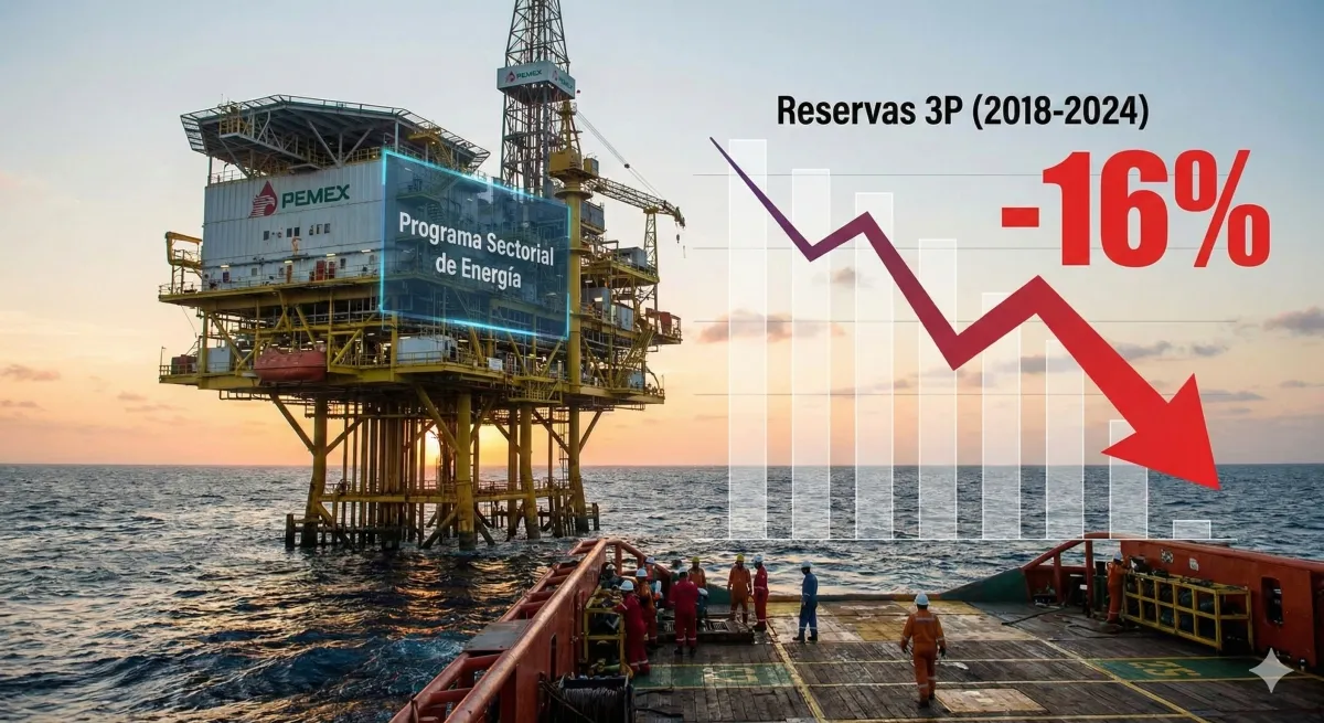 Plataforma de Pemex en altamar, reporte de caída de reservas petroleras Sener