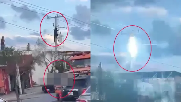 Patrulla policial en el lugar donde un presunto ladrón se electrocuta tras intentar escapar por un poste de alta tensión.