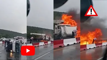 Una grúa perdió el control, chocó contra varios vehículos y terminó incendiándose en el tramo Ajoloapan-Pachuca del Arco Norte.