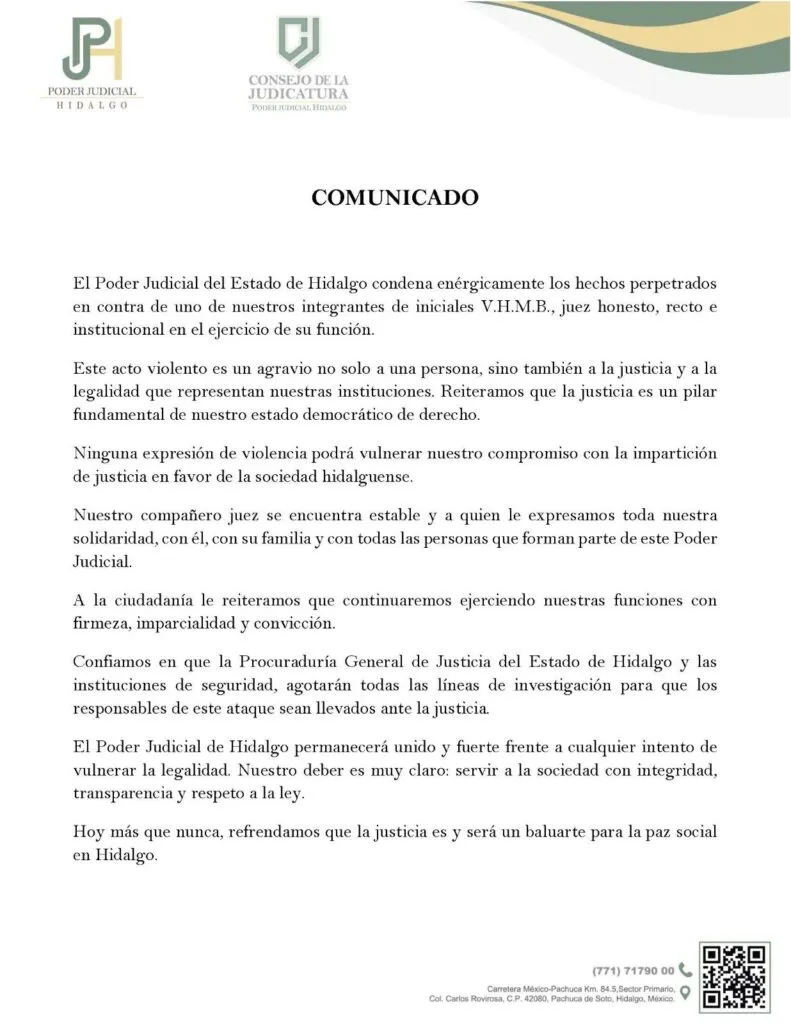 Poder Judicial de Hidalgo condena ataque violento contra juez de Tula; exigen castigo contra los responsables