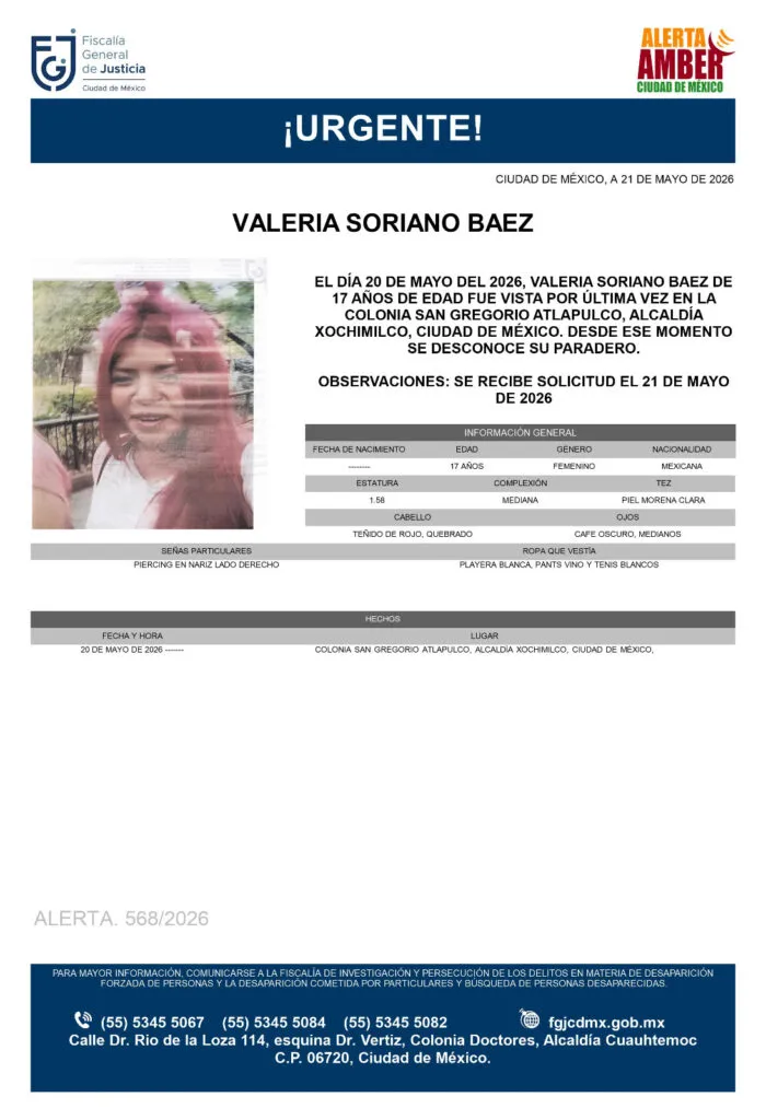 Alerta Amber: Se busca a Valeria Soriano Baez de 17 años, desapareció en Xochimilco, CDMX