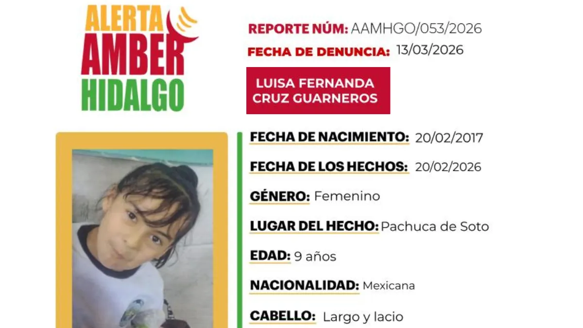 Ficha de búsqueda de Luisa Fernanda Cruz Guarneros, niña de 9 años reportada como desaparecida en Pachuca de Soto.
