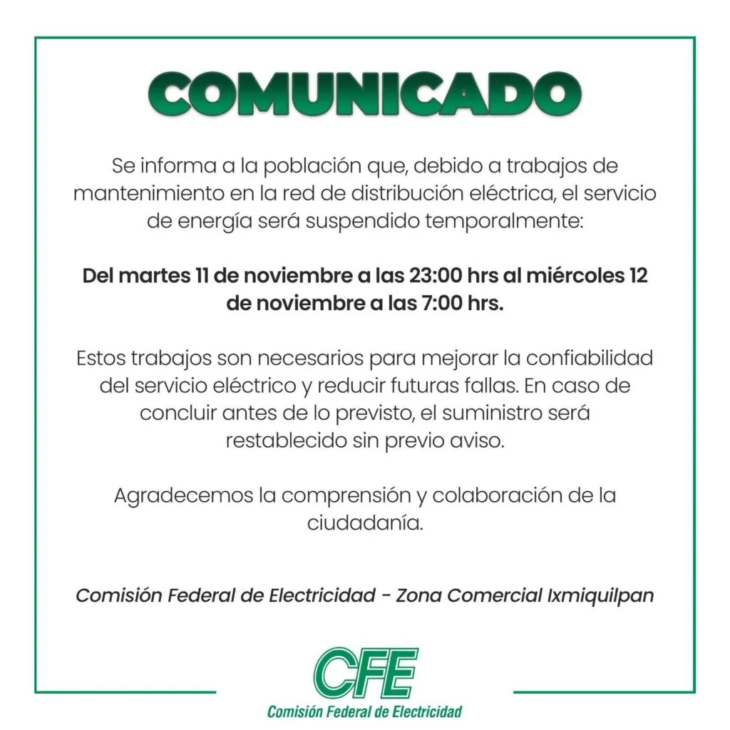 Comunidades de Ixmiquilpan se quedarán sin luz por mantenimiento de la CFE
