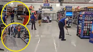 Inundación en Walmart Gran Patio Pachuca tras fuertes lluvias.