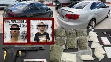 Droga, arma y vehículos asegurados durante un operativo en Mineral de la Reforma.