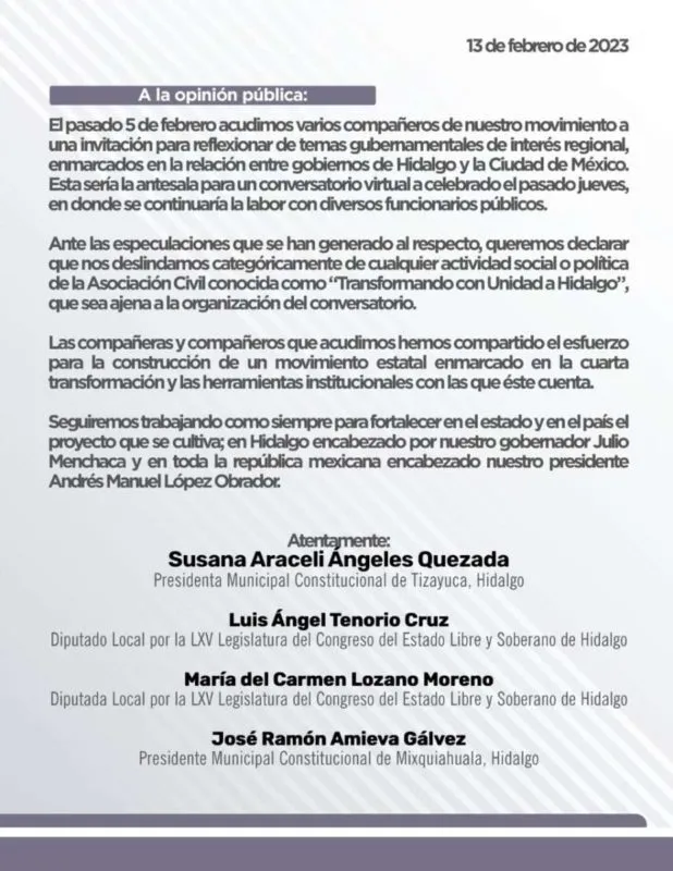 Políticos hidalguenses se deslindan de la asociación civil ‘Transformando con Unidad a Hidalgo’