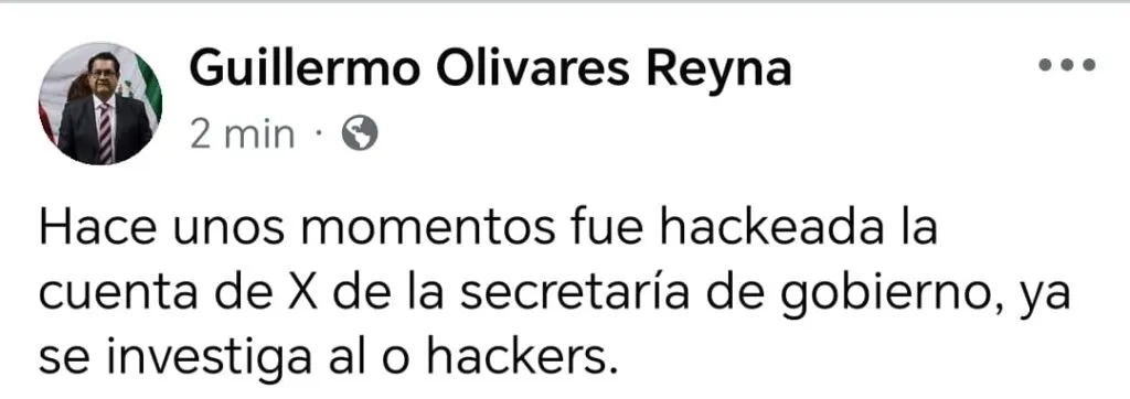 Hackean cuenta de la Secretaría de Gobierno de Hidalgo. ¿Qué sucedió?