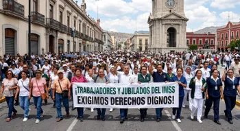 Trabajadores del IMSS durante movilización en Pachuca