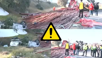 Vuelca tráiler en la México-Pachuca hacia CDMX y genera intenso congestionamiento vehicular a la altura de la salida a Zumpango.