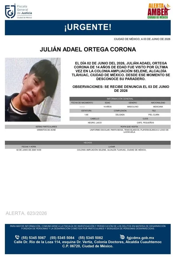 Alerta Amber: Se busca a Julián Adael Ortega Corona de 14 años, desaparecido en Tláhuac, CDMX