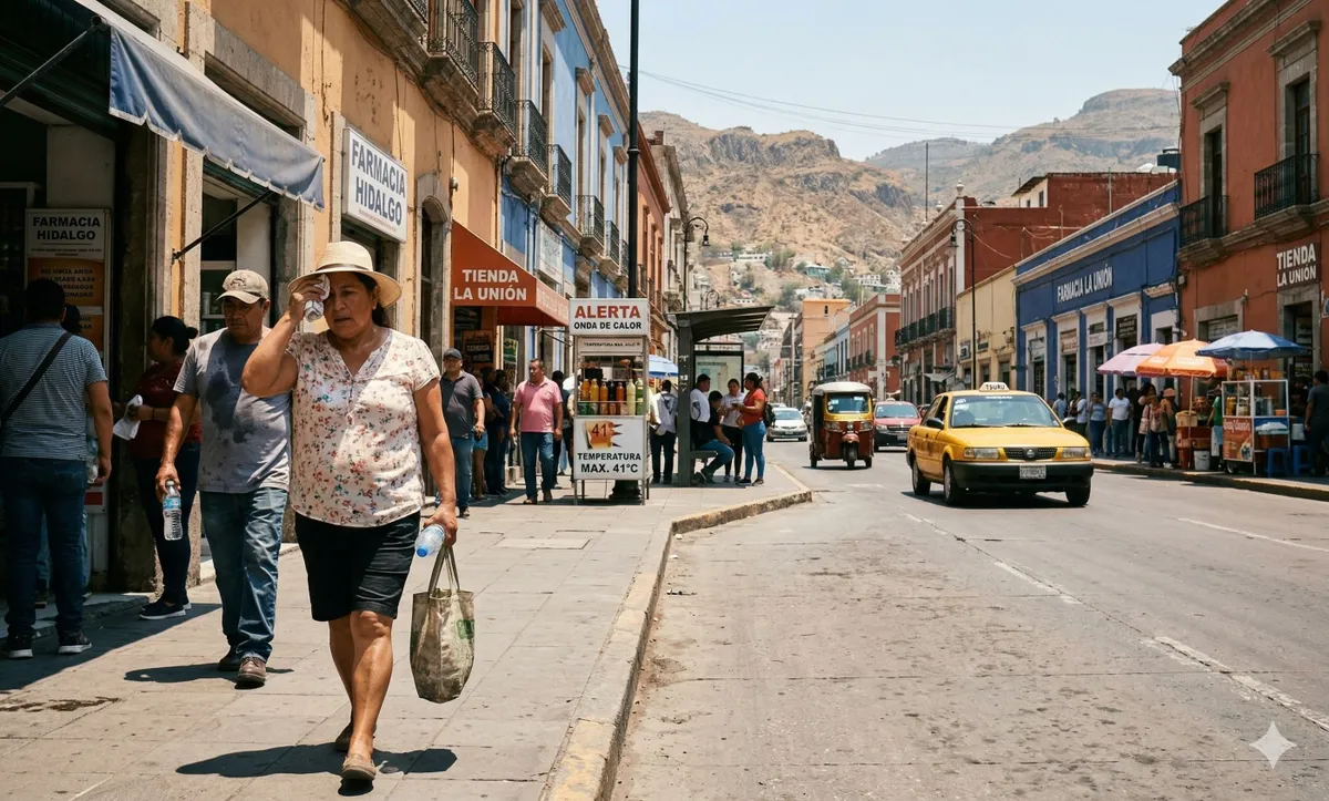 Mapa térmico de Hidalgo y persona protegiéndose del sol en Pachuca