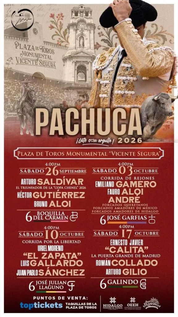 Confirman cartelera taurina para la Feria de San Francisco Pachuca 2026
