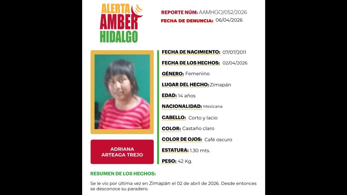 Alerta Amber Hidalgo: Buscan a Adriana Arteaga Trejo, desaparecida en Zimapán