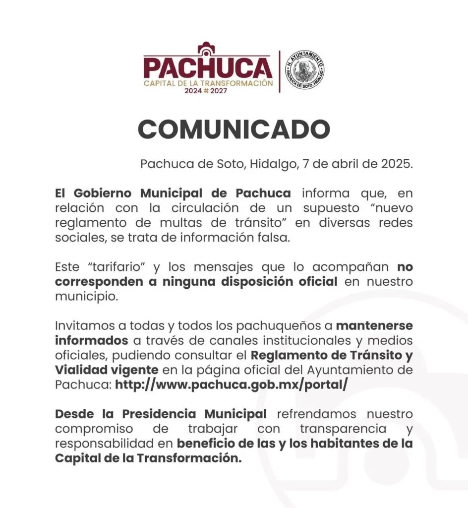 Circula un falso “tarifario” de multas de tránsito en Pachuca; autoridades desmienten