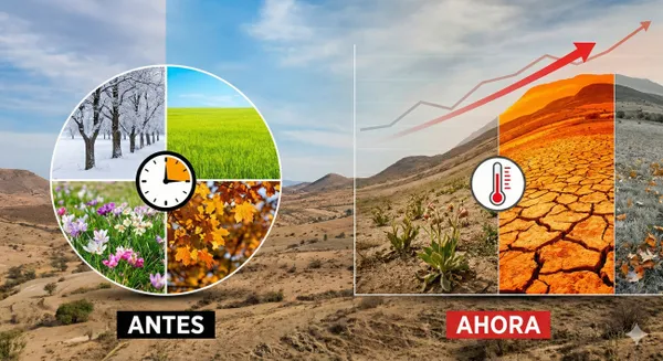 Gráfico comparativo "Antes y Ahora" que ilustra el cambio climático, mostrando cómo las cuatro estaciones equilibradas del pasado se han transformado en un clima dominado por el calor extremo, la sequía y el aumento de temperatura.