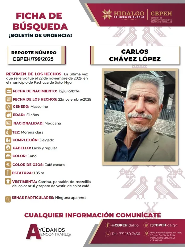Familiares y autoridades trabajan para localizar a Carlos Chávez López; cualquier información puede ser clave.