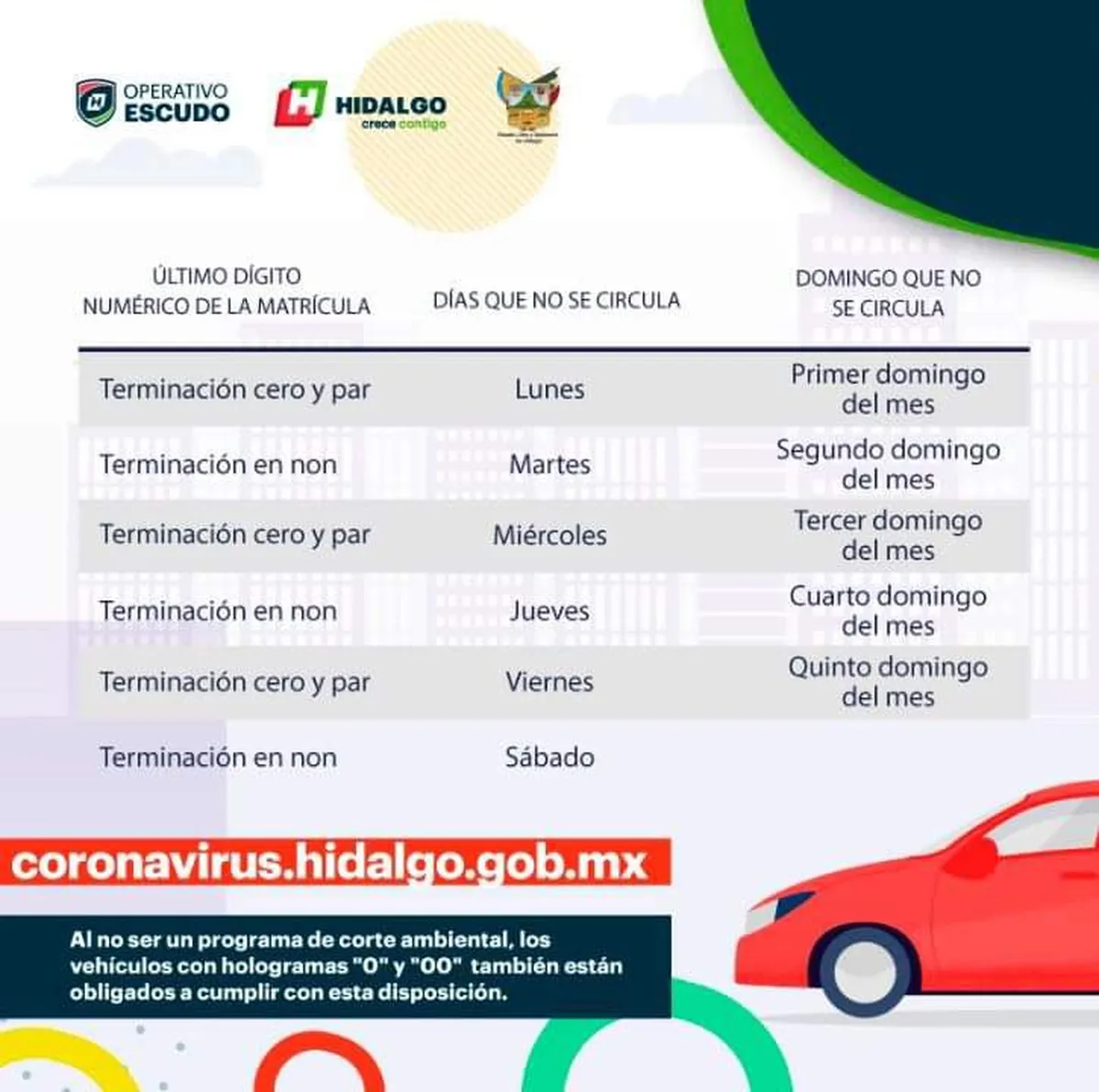 Hoy No Circula seguirá vigente en Hidalgo; pese a cambio de semáforo