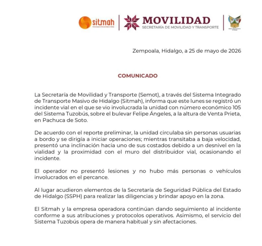 Unidad alimentadora del Tuzobús se vuelca en Pachuca; Sitmah descarta lesionados