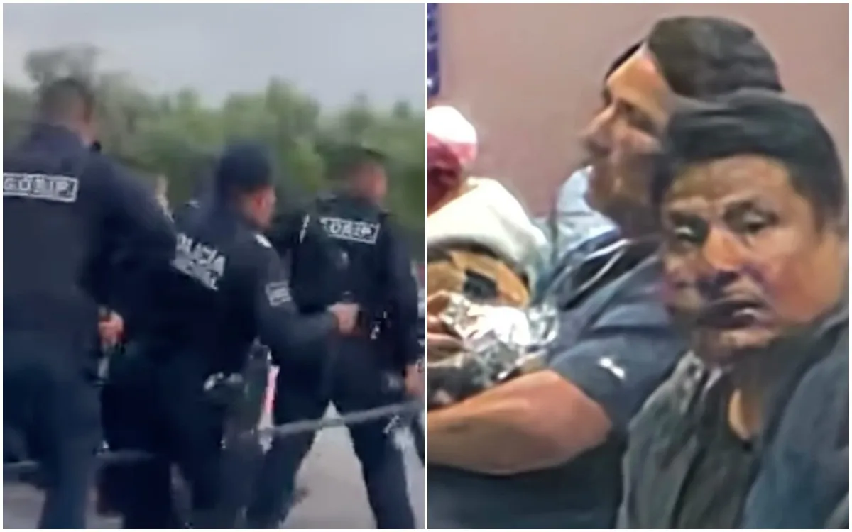 Composición dividida: a la izquierda policías municipales de Pachuca en operativo; a la derecha, familia que denuncia agresiones y allanamiento.