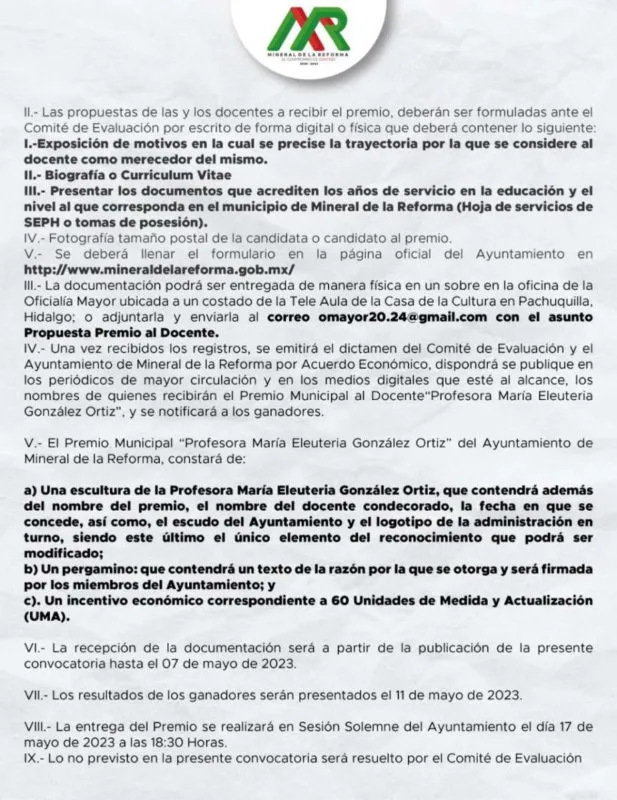 Mineral de la Reforma lanza convocatoria “Profesora María Eleuteria González Ortiz”