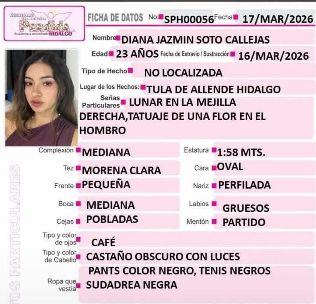 Ficha de búsqueda Diana, joven desaparecida en Tula de Allende