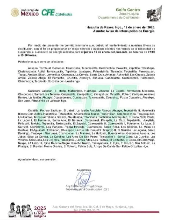 CFE anuncia suspensión del servicio eléctrico en estos municipios de Hidalgo