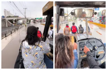 VIDEO | Cruzan inundación en Pachuca a bordo de una excavadora y se vuelven virales