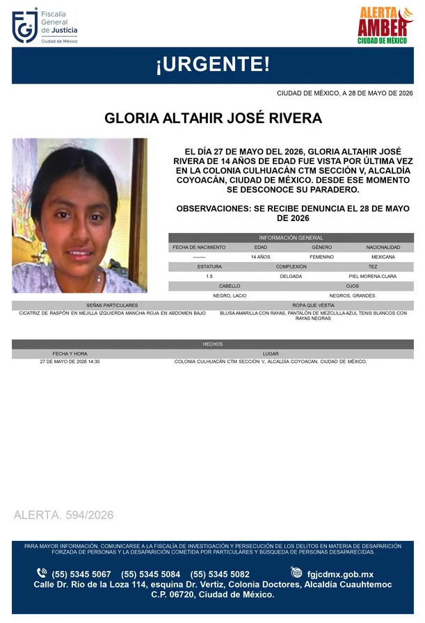 Alerta Amber: Se busca a Gloria Altahir José Rivera de 14 años, desapareció en CDMX