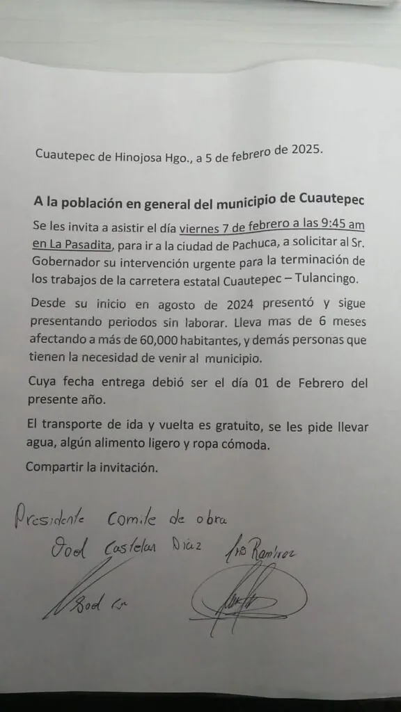 Vecinos de Cuautepec piden concluir la rehabilitación de la carretera Cuautepec-Tulancingo