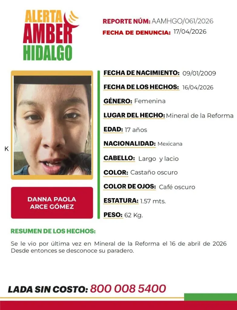 Alerta Amber Hidalgo: se busca a Danna Paola Arce Gómez, desaparecida en Mineral de la Reforma