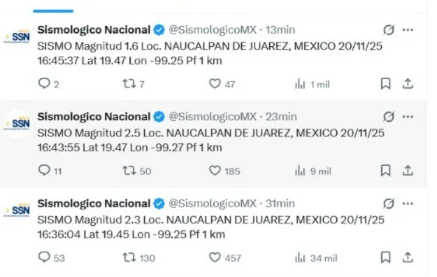 Sismos en Naucalpan: reportan tres movimientos este 20 de noviembre, según el Sismológico Nacional