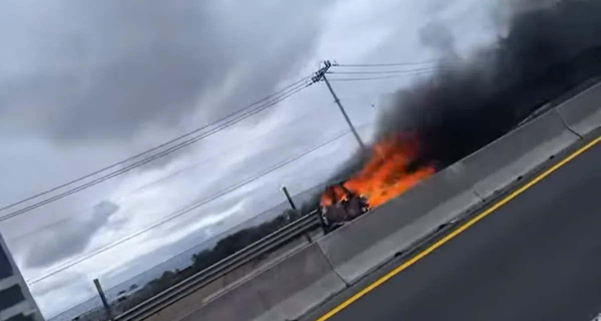 Movilización de seguridad tras incendio de vehículo cerca del AIFA; investigan posibles causas.