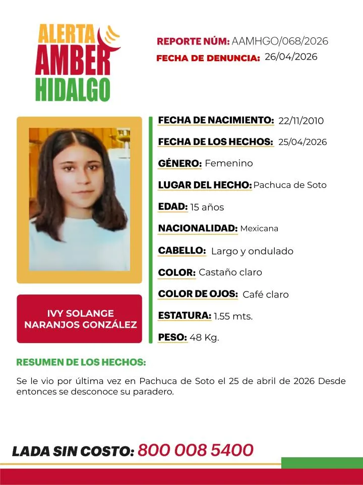 Alerta Amber: Se busca a Ivy Solange Naranjo González de 15 años, desapareció en Pachuca