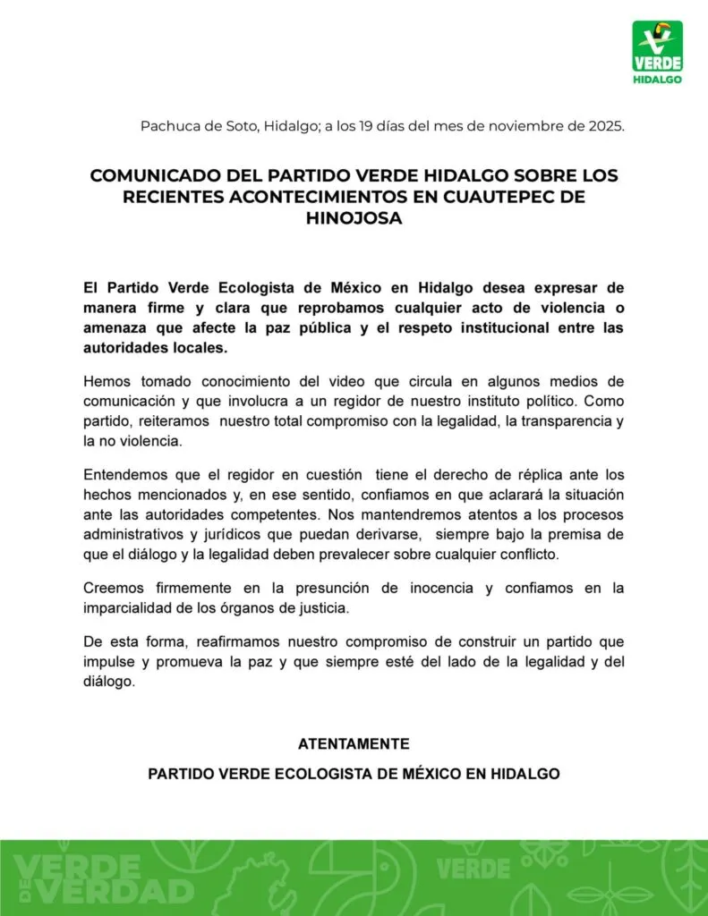 Partido Verde reprueba actos de violencia tras video de regidor armado en Cuautepec