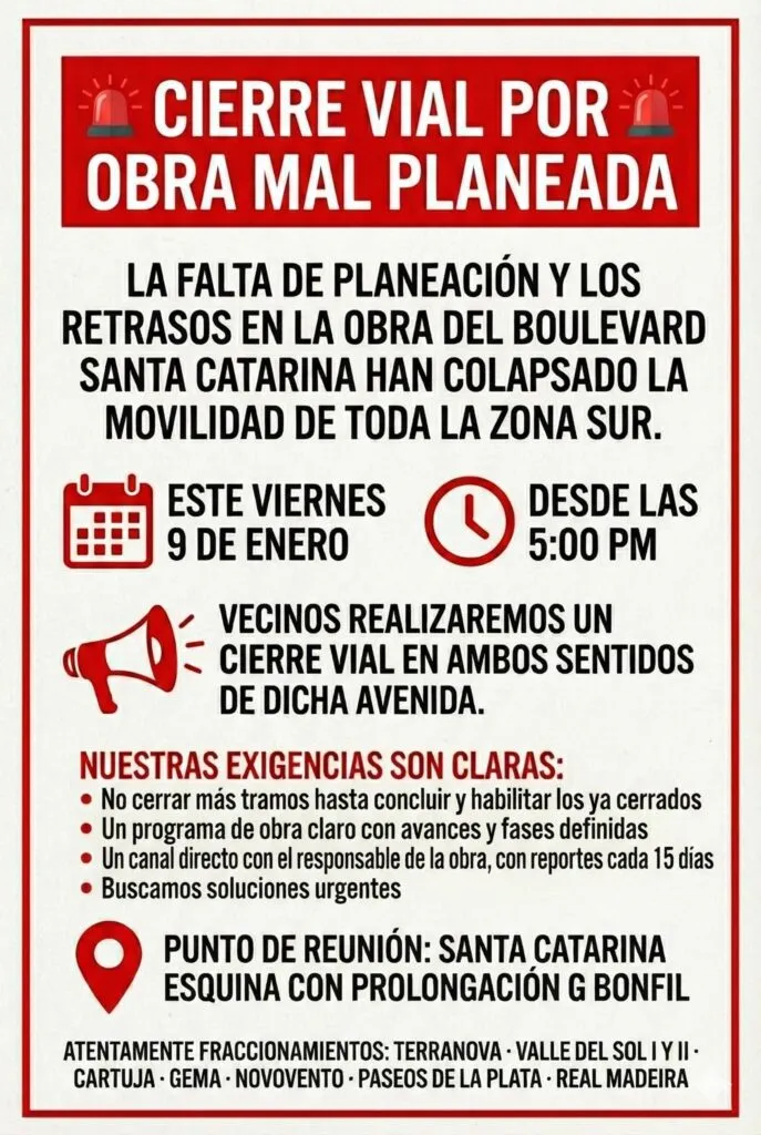 Pachuca: vecinos anuncian cierre del bulevar Santa Catarina este viernes