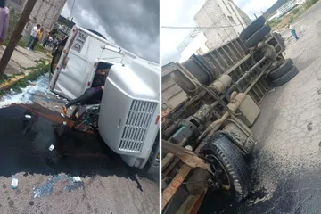 Accidente en bajada de Real del Monte: reportan volcadura de camión