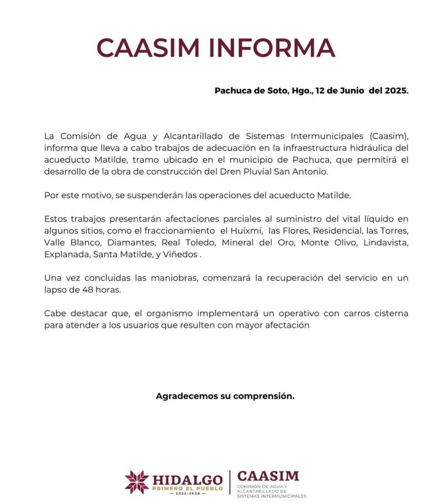 ¿Serás afectado? Suspenderá CAASIM suministro en estas colonias de Pachuca