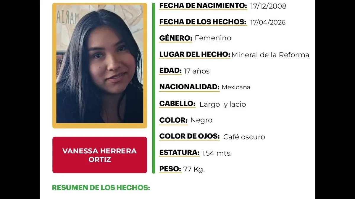 Alerta Amber Hidalgo: se busca a Vanessa Herrera Ortiz, desaparecida en Mineral de la Reforma