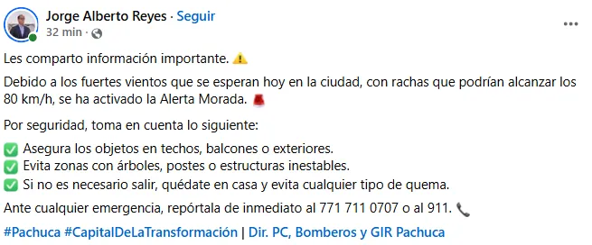 Activan Alerta Morada en Pachuca por fuertes vientos; Jorge Reyes insta a extremar precauciones