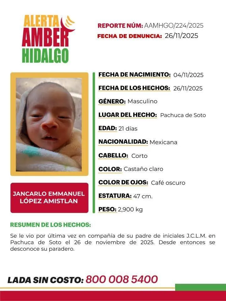 Activan Alerta Amber en Pachuca por la búsqueda de un recién nacido