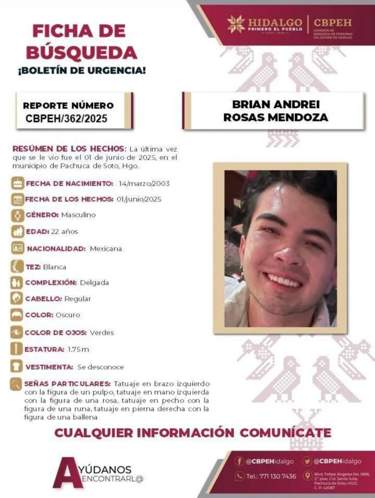 Busca a Brian, joven desaparecido en Pachuca