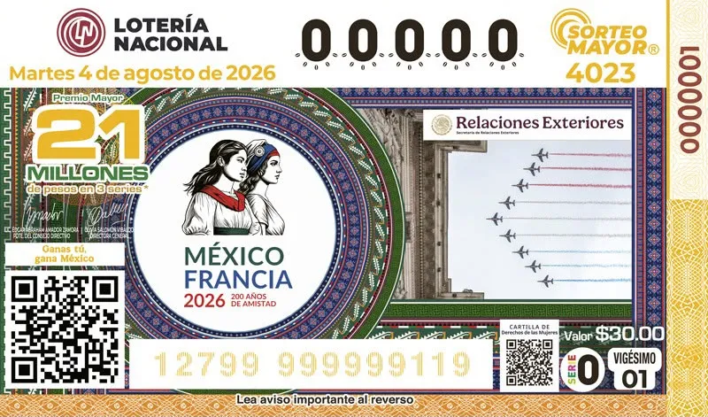 Bicentenario de Relaciones Diplomáticas México – Francia es celebrado con billete de Sorteo Mayor de Lotería Nacional