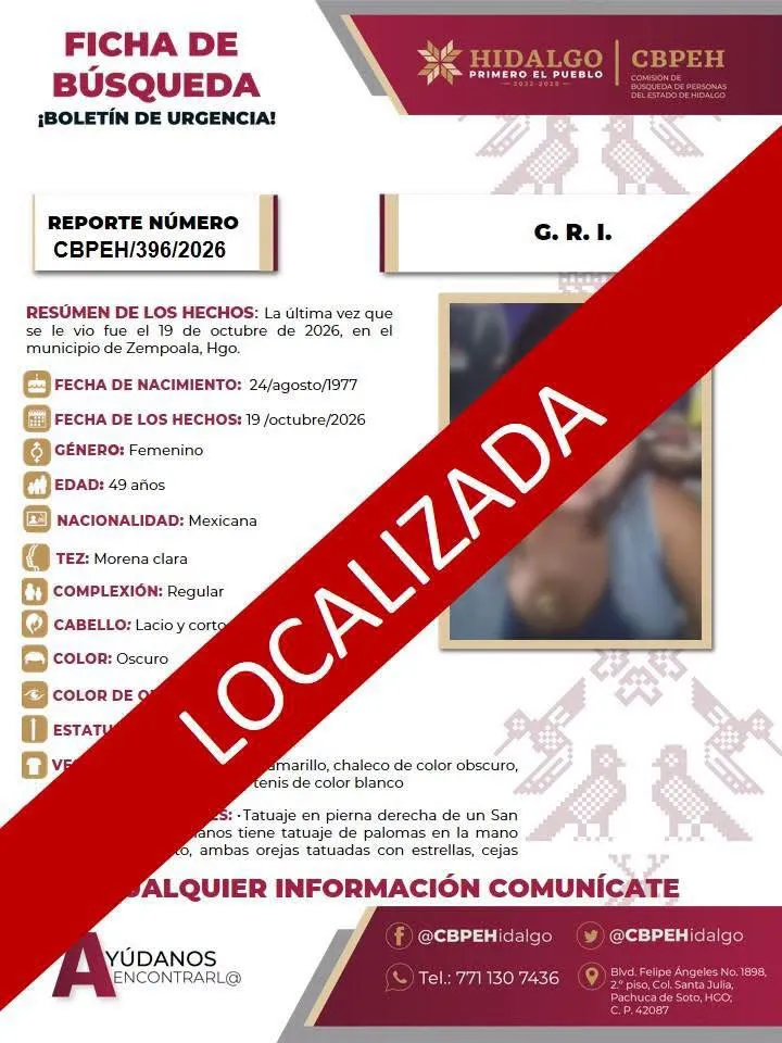 Localizan con vida a mujer desaparecida en Hidalgo; investigan presunta privación de la libertad