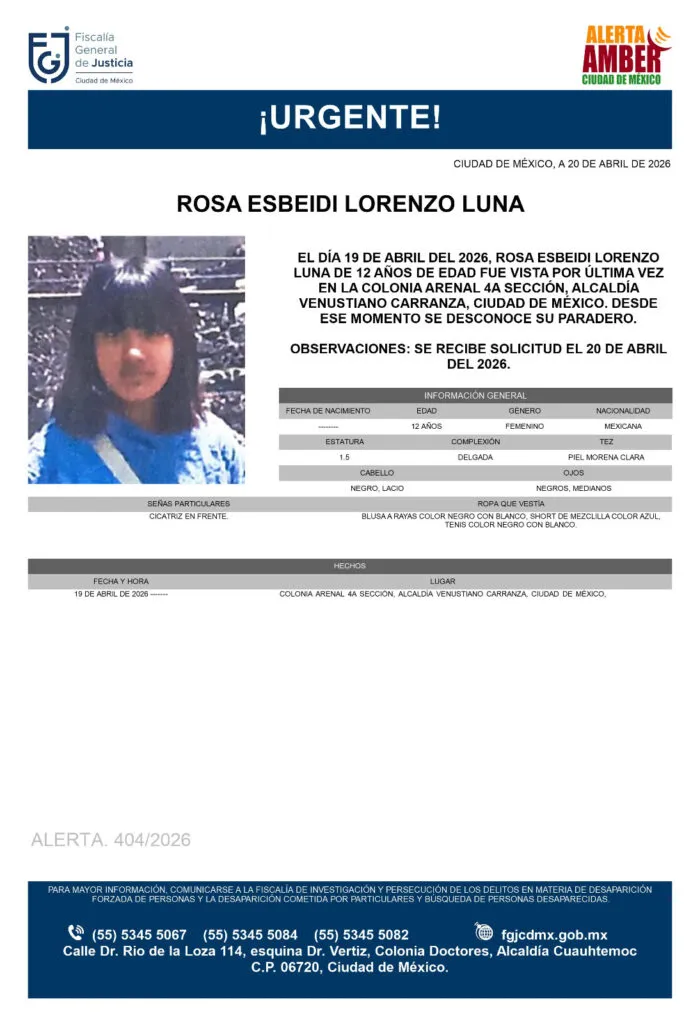 Alerta Amber: Se busca a Rosa Esbeidi Lorenzo Luna de 12 años, desapareció en la Venustiano Carranza, CDMX